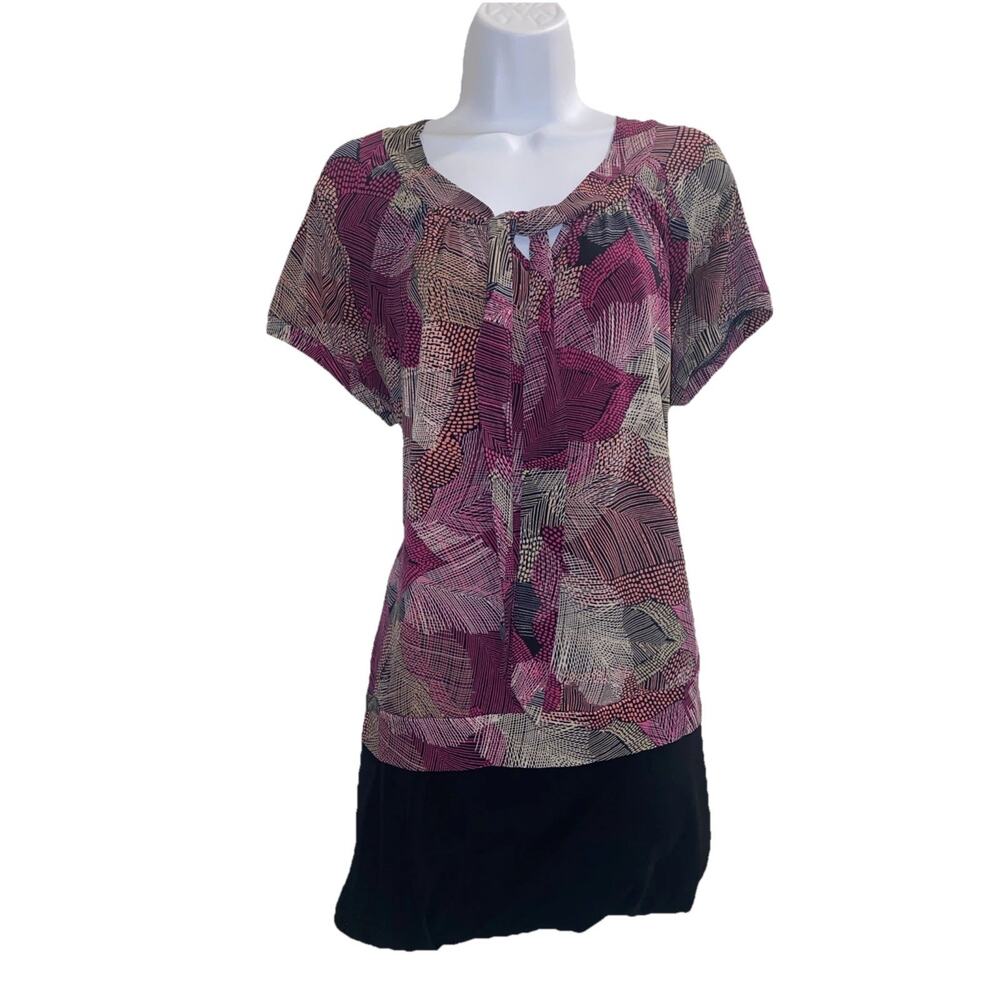 Worthington Womens Plus Size Stretch Top XL Pink Black Abstract Blouse Work